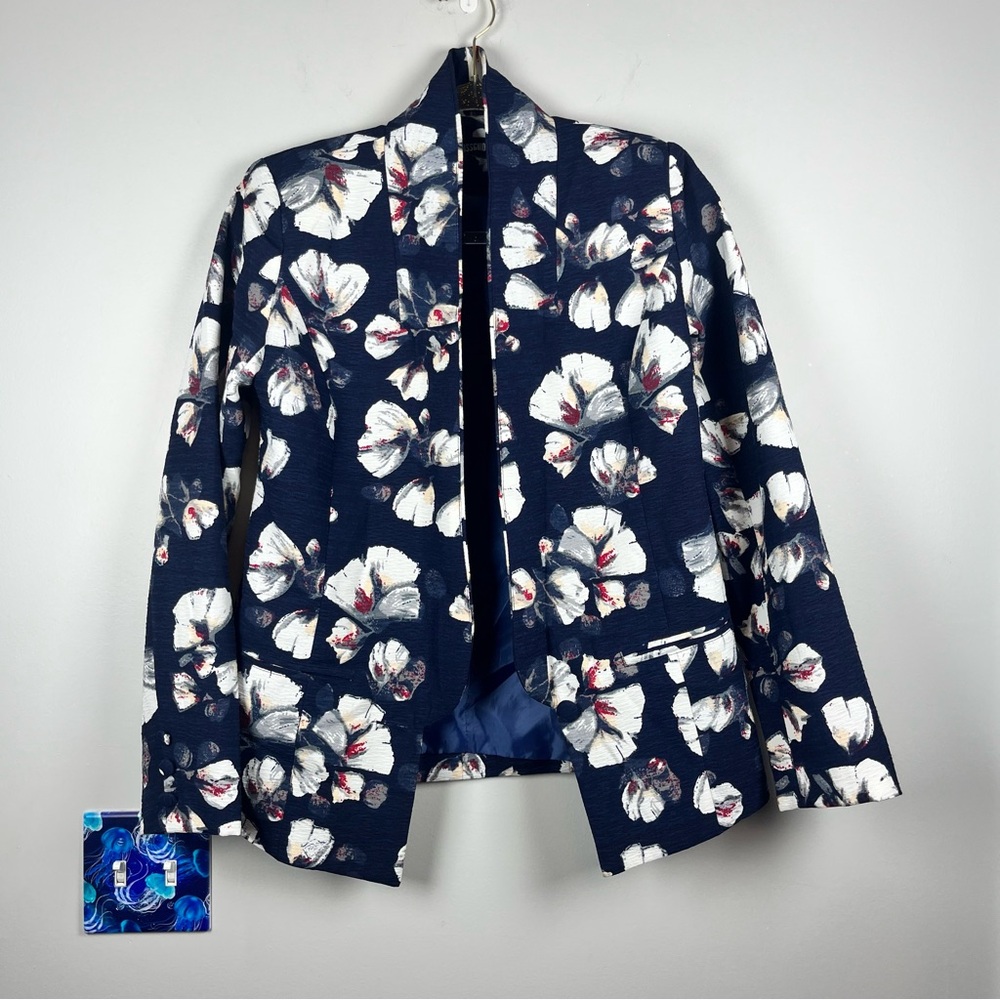 Missguided Navy Blue White Floral Work Career Boho Blazer Fall Jacket Size 8